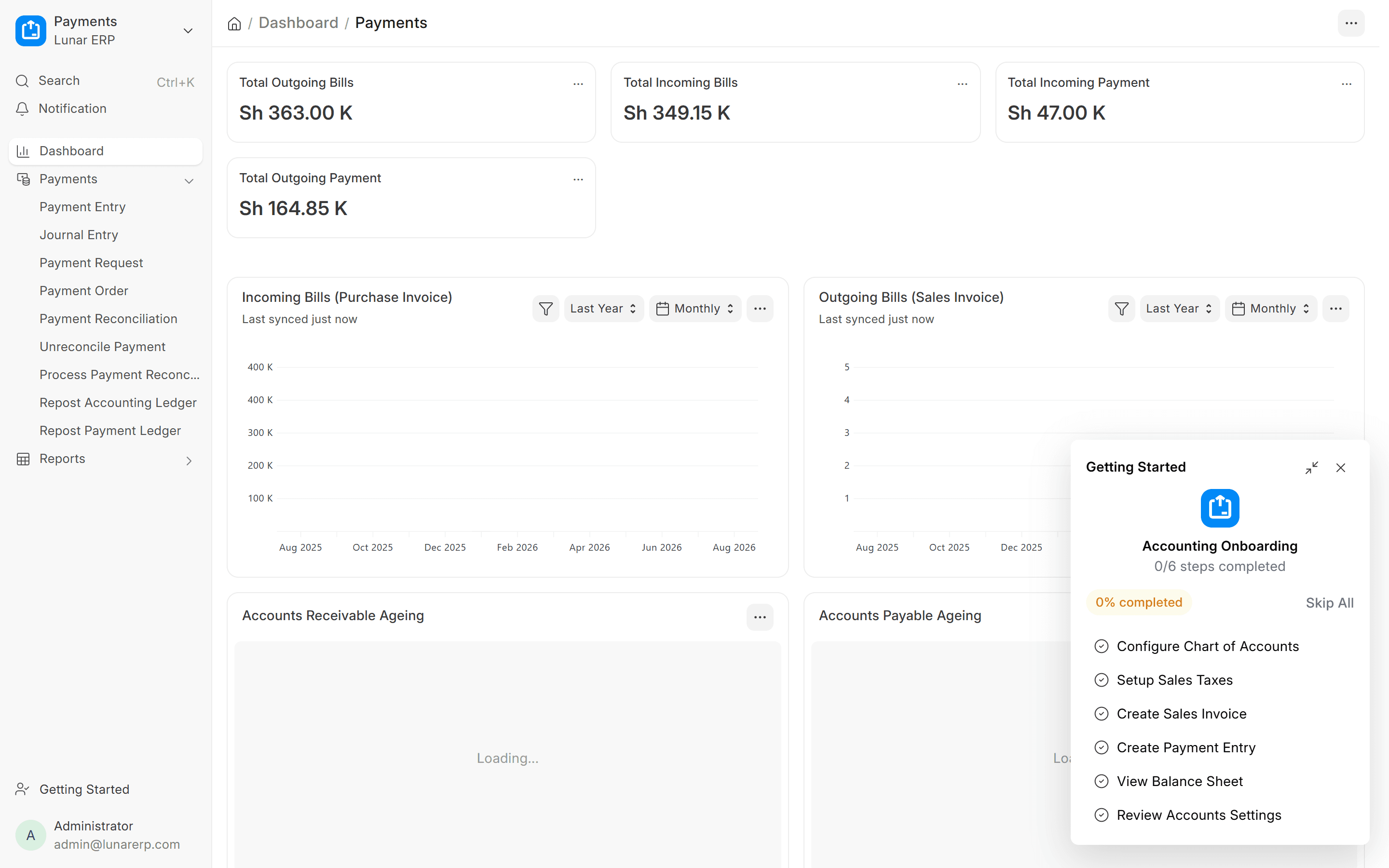 Lunar ERP Payments Dashboard showing total outgoing bills and incoming payments in UGX