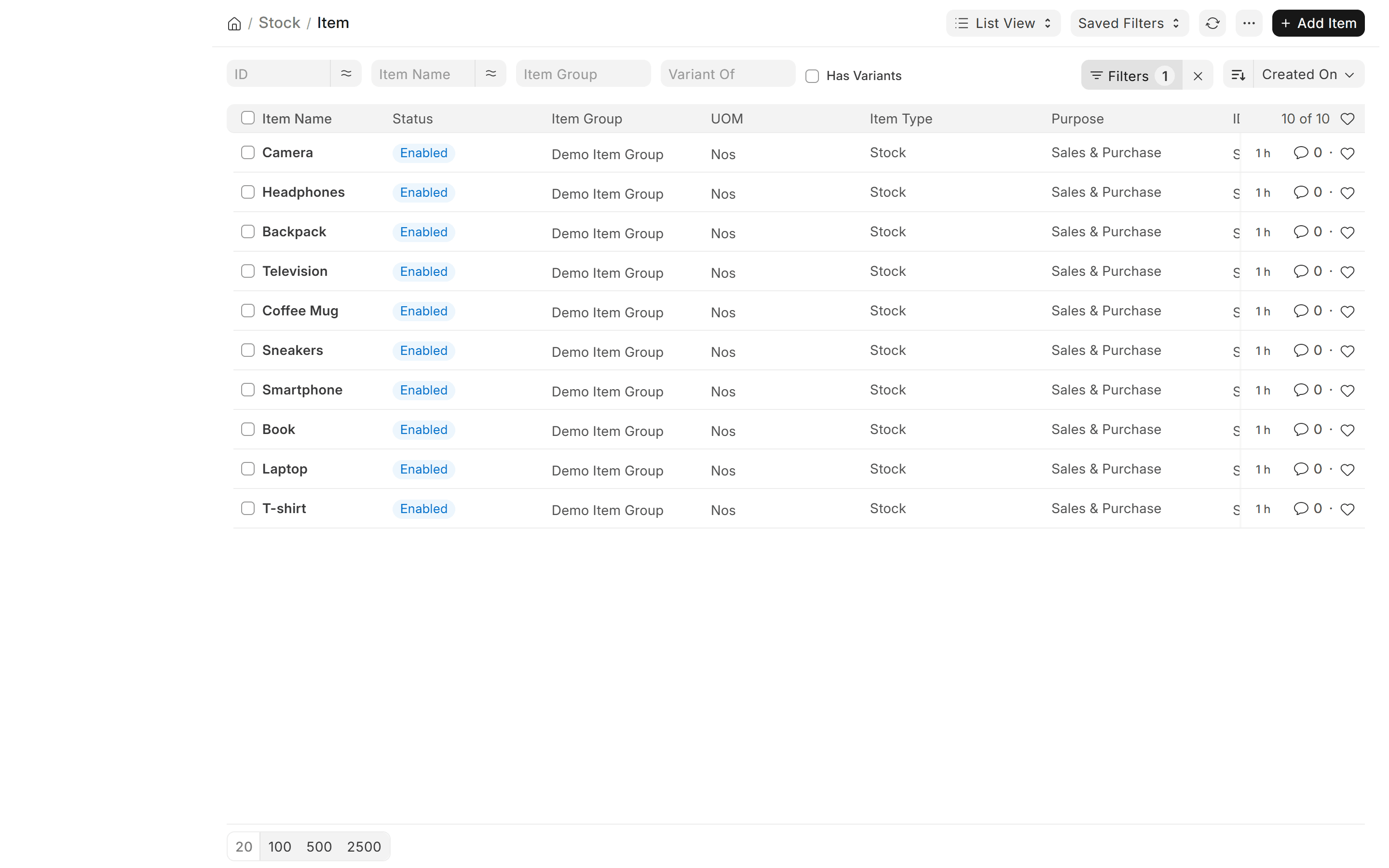 Lunar ERP Items List with SKU codes, categories, and units of measure