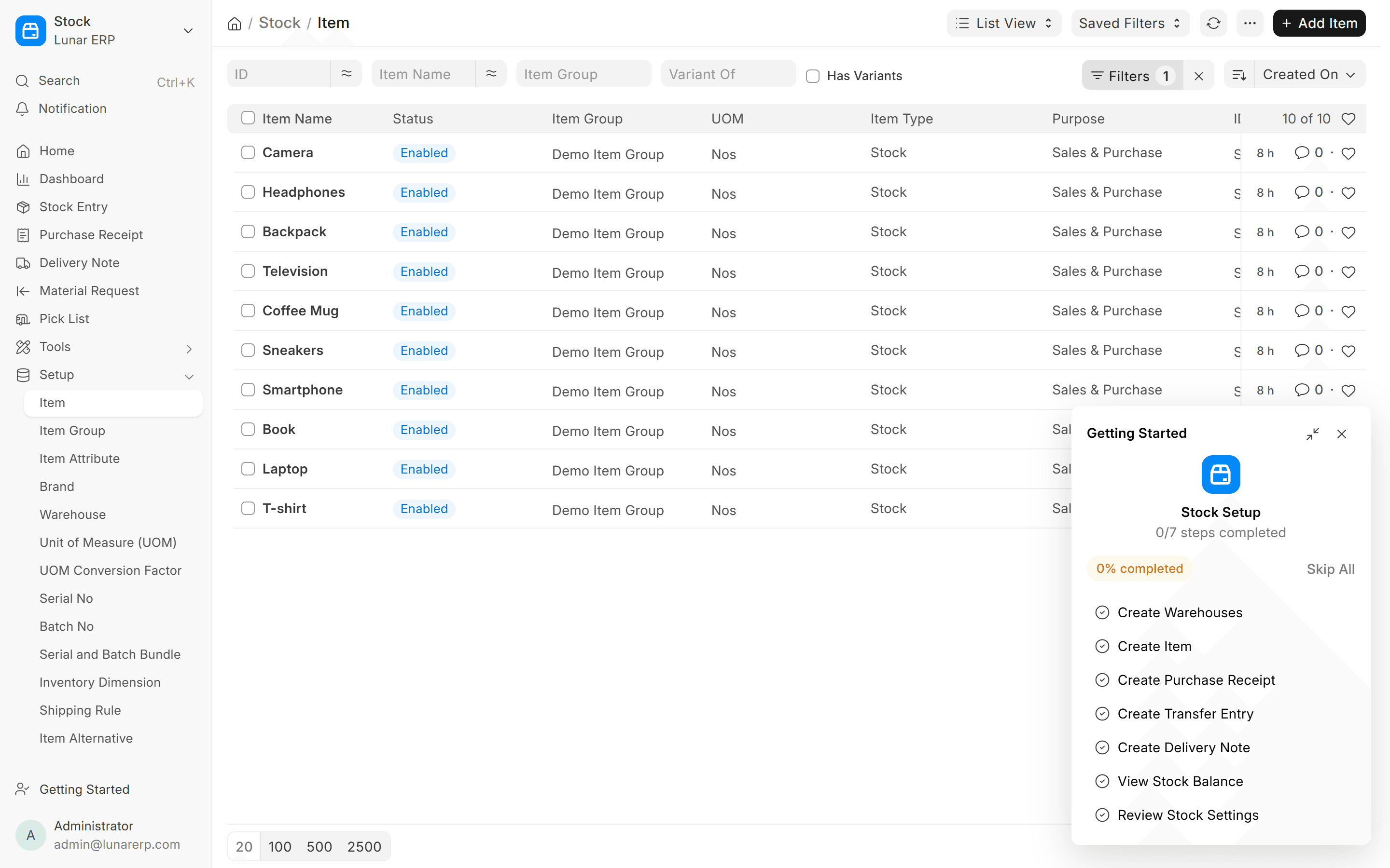 Lunar Stock Catalog and Warehouse Inventory Tree