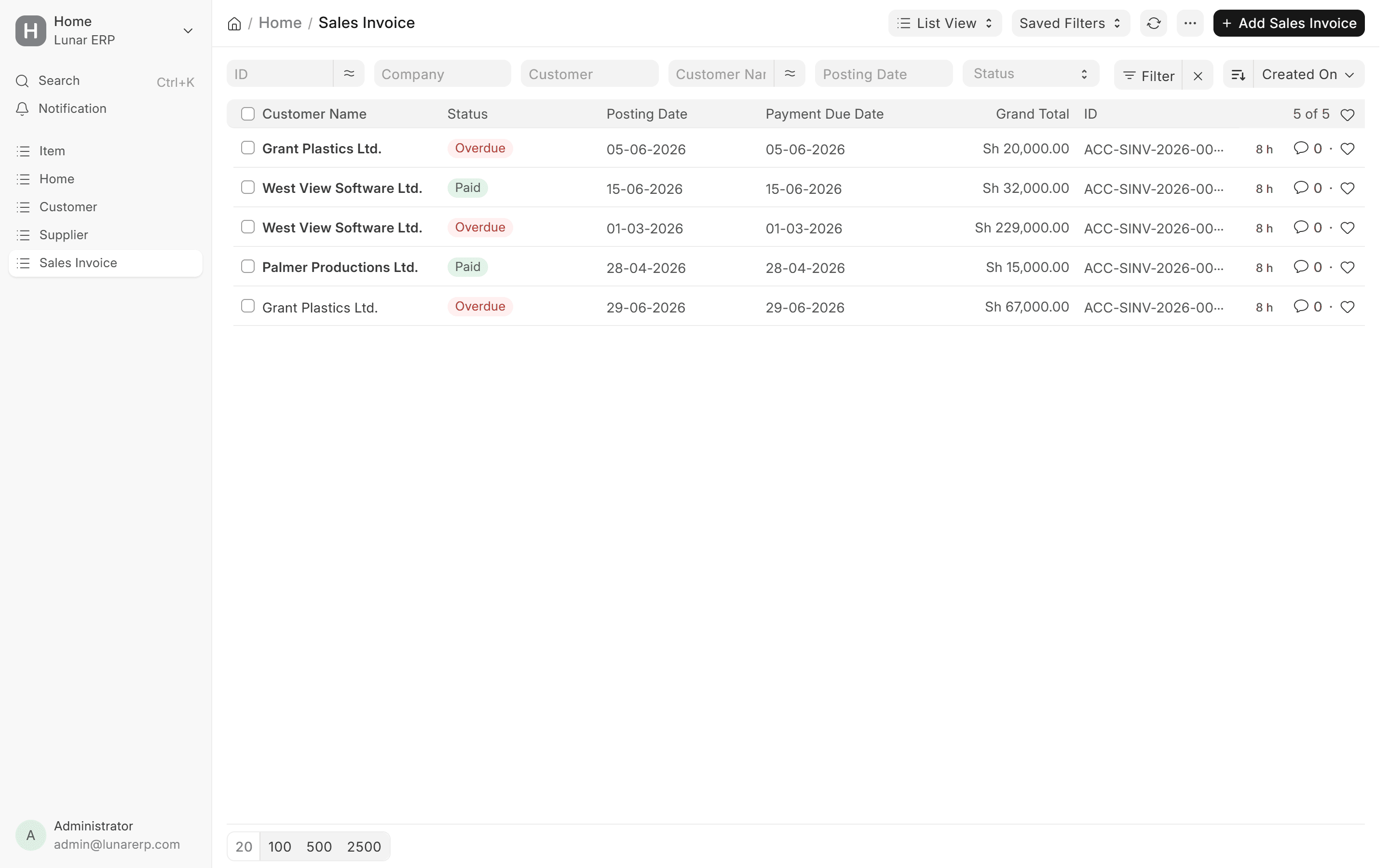 Lunar Sales Invoices and POS Register with itemized totals in UGX