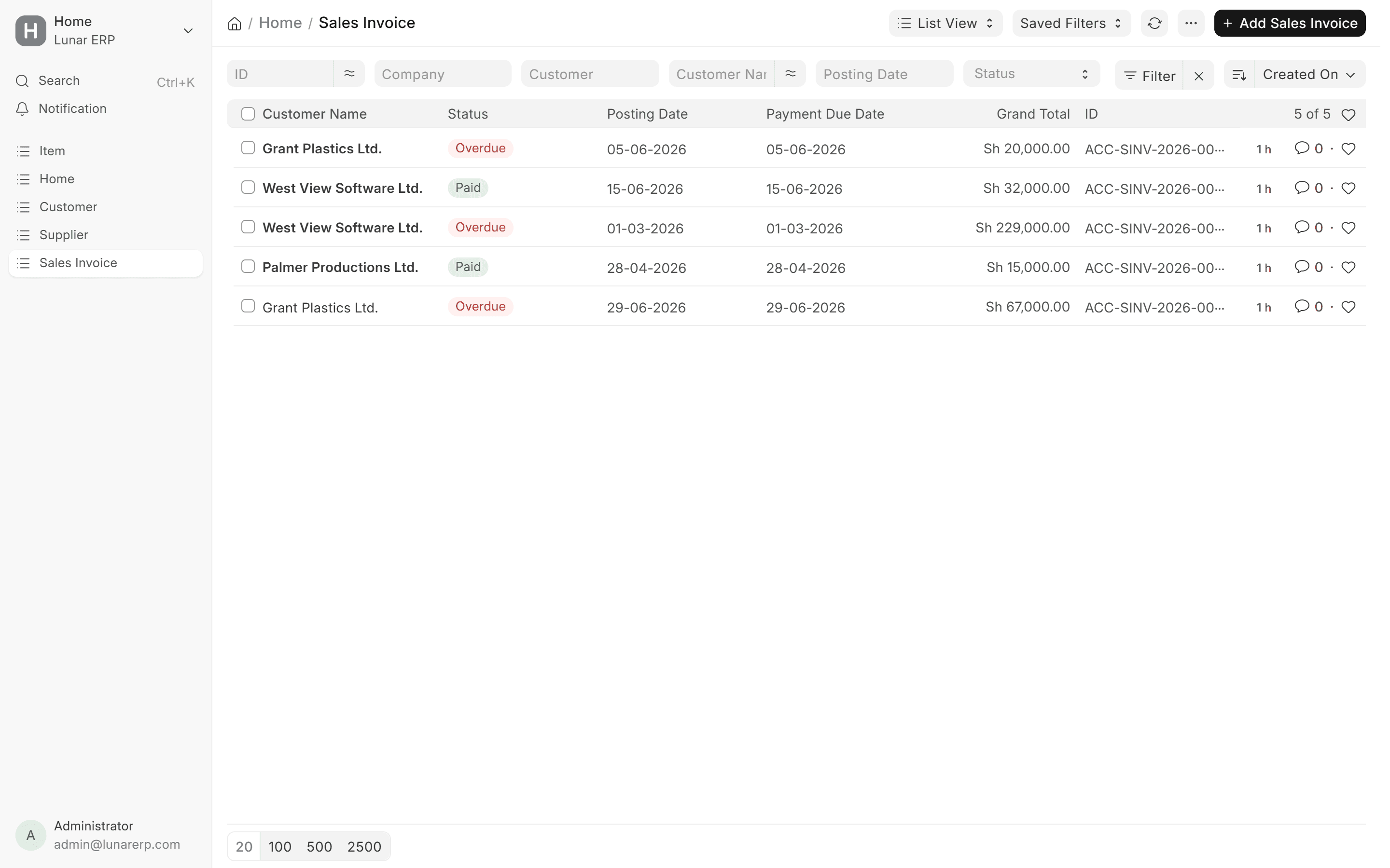 Lunar ERP Sales Invoice Register with Ugandan Shilling totals and status pills