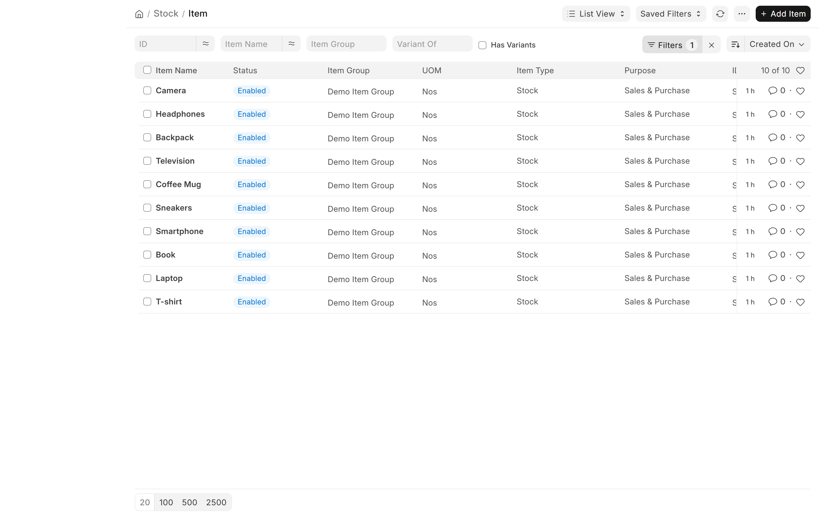 Lunar ERP Items List with SKU codes, categories, and units of measure