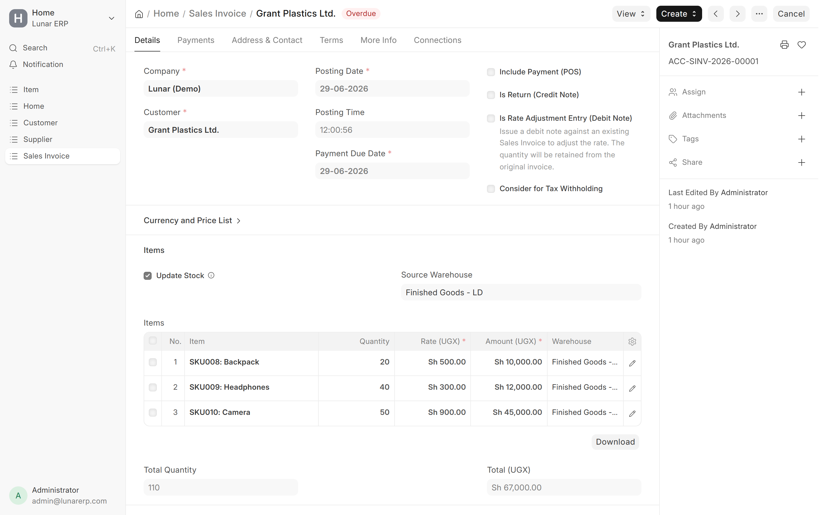 Lunar ERP Sales Invoice detail screen showing real line items and warehouse deduction