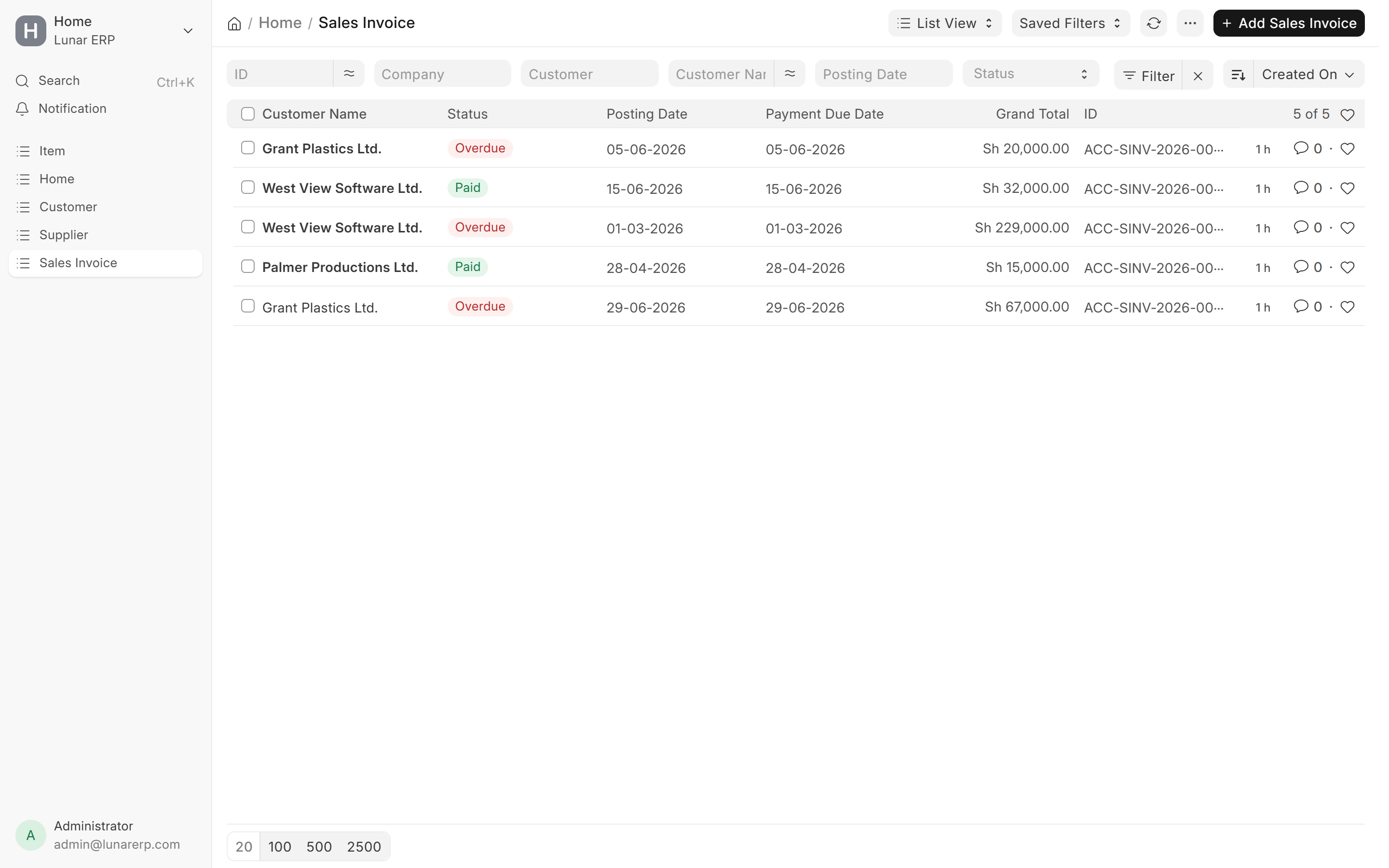 Lunar ERP Sales Invoice Register with Ugandan Shilling totals and status pills